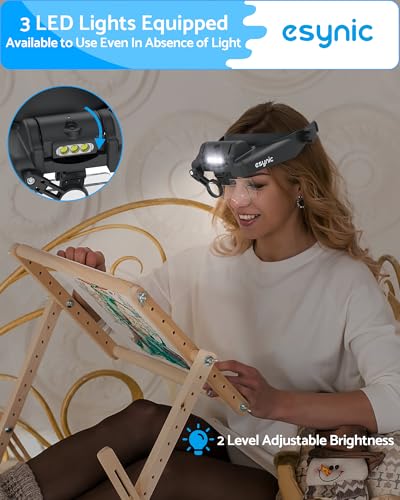 eSynic Type-C Rechargeable Magnifying Glasses Headset-Up to 14X Magnification-5 Interchangeable Lens-3 LED Lights -2 Adjus...