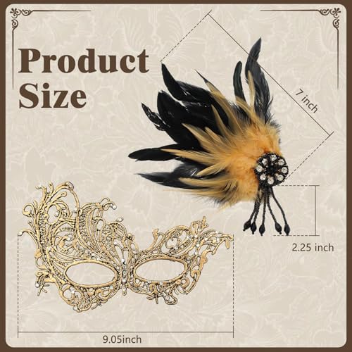 GUXIMIAR Lace Masquerade Mask for Women Mardi Gras Rhinestone Mask with Feather 1920s Venetian Party Accessories