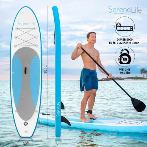 SereneLife Inflatable Stand Up Paddle Board (6 Inches Thick) with Premium SUP Accessories & Carry Bag | Wide Stance, Botto...