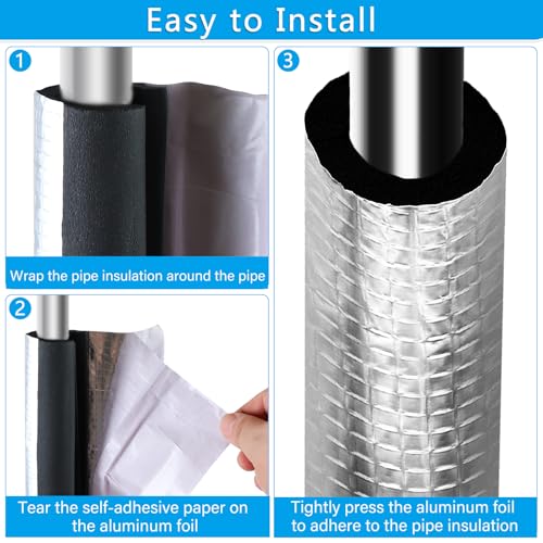 10 Pcs Pipe Insulation Foam Tube Self Adhesive Insulation Foam Wrap Aluminum Foil Pipe Covers for Spigot, Winter Outside P...