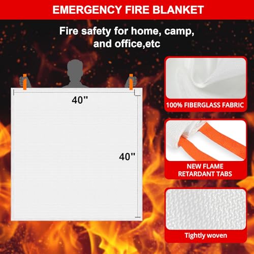 SecuCaptain Emergency Fire Blanket for Home and Kitchen - 2 Pack 40"x40" Flame Suppression Fiberglass Fire Blankets for Ho...