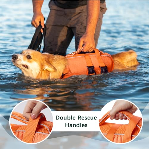Kuoser Dog Life Jacket High Flotation, Reflective Dogs Life Vest for Swimming Boating, Adjustable Small Medium Large Dog l...