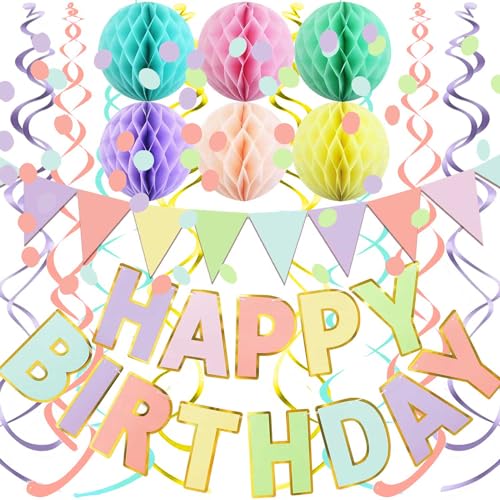 Fecedy Macaron Superlarge Alphabet Happy Birthday Banner Colorful Flag Bunting Circle Confetti Garland Swirl Streamers Hon...