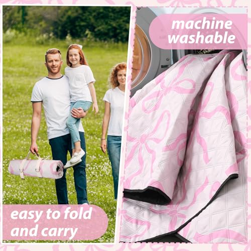 SmoothNovelty Pink Bow Picnic Blanket 80'' x 80'' Waterproof Extra Large Camping Blanket Coquette Picnic Mat Foldable Port...