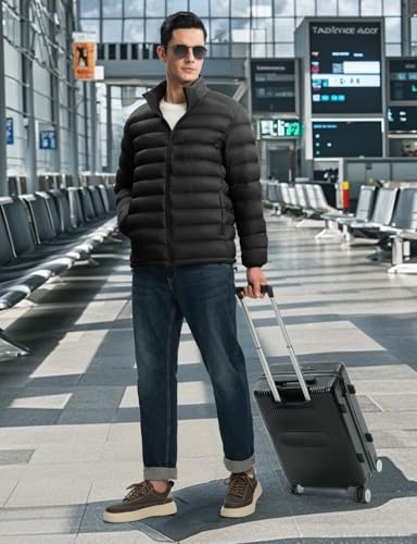 TBMPOY Men's Lightweight Puffer Jackets Detachable Hood Water-Resistant Casual Winter Coat Hooded Insulated for Travel Ski