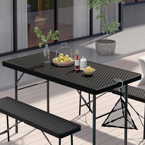 VECELO 3 Piece Folding Picnic Table with 2 Benches, 47.2" Faux Rattan Patio Set with Mesh Bag, Heat-Resistant & Waterproo...