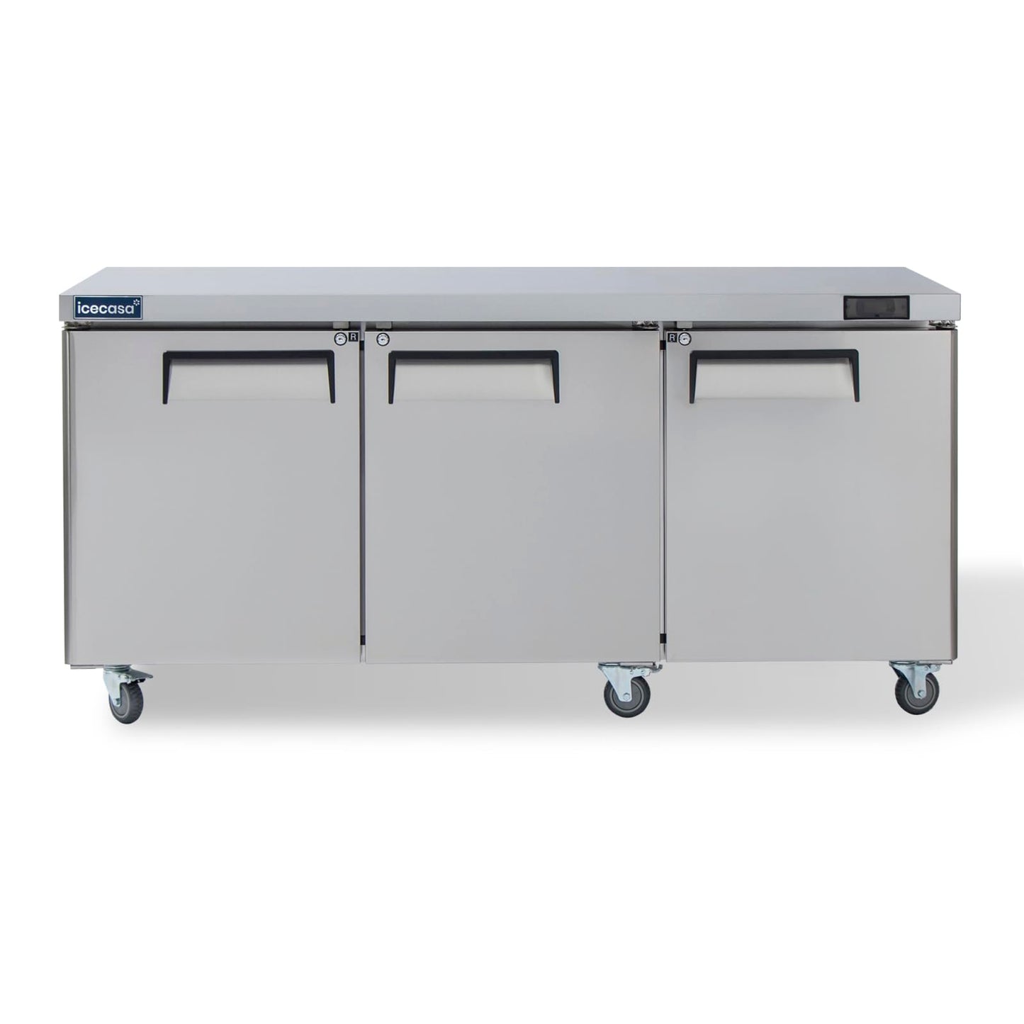 ICECASA 72" W Commercial Refrigerator Worktop Undercounter Refrigerator Three Door Stainless Steel Counter Fan Cooling Refrigerator 20 Cu.ft for Restaurant, Bar, Shop, etc