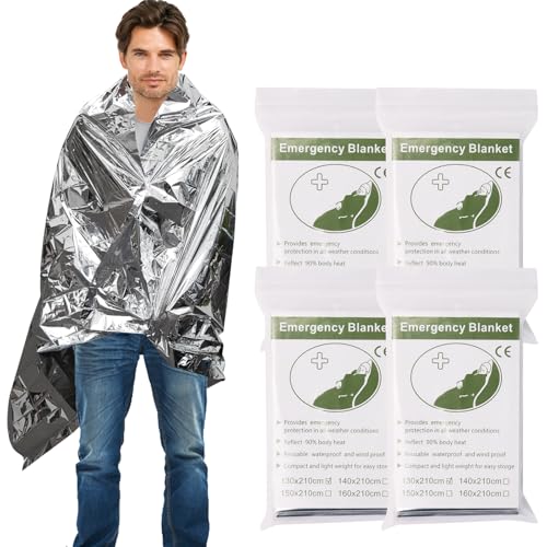 4 Pack Emergency Blanket, Premium Mylar Bankets, Thermal Blanket for Camping, Space Blankets Survival, Foil Blankets for W...