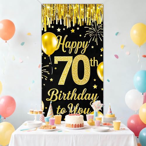 IVN 70th Birthday Door Cover 71x35 Inch Black Gold Birthday Banner for Party Decorations Balloons Stars Fireworks Backdrop...