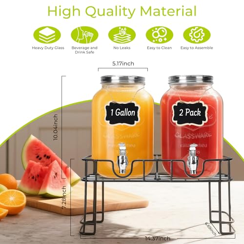 DHSBTLS 1 Gallon Glass Drink Dispensers, 2 Pack Clear Beverage Dispenser for Party, BBQ and Picnic, Juice Dispenser with I...