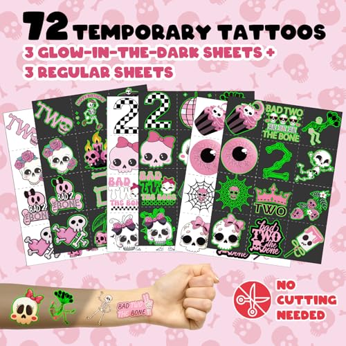 96 PCS Bad Two the Bone Party Favors Set – 72 Pre-Cut Temporary Tattoos & 24 Rock-Inspired Slap Bracelets for Kids, Perfec...