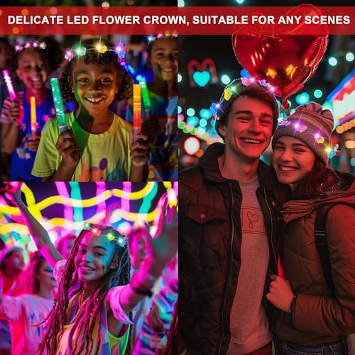 QSJQAMG 30 Pcs LED Flower Crown Headband,led Headbands,Light Up Flower Headbands for Women,Garlands Glowing Floral Wreath ...