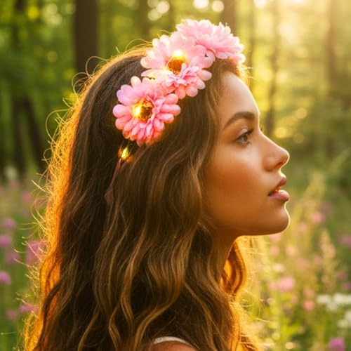 Kesvb Light Up Flower Headband LED Floral Wreath Crown Headbands Glowing Festival Garland Hair Accessories for Women (Pink)