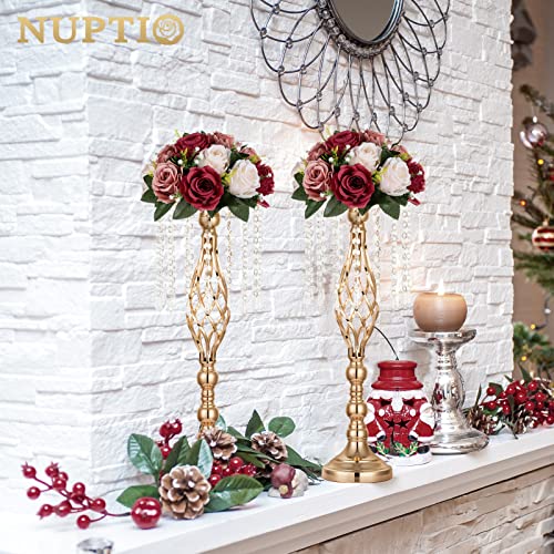 Nuptio Artificial Flower Centrepieces for Tables - 6 Pcs Burgundy & Dusty Rose & Creamy White Fake Flowers Roses Balls 9.5...