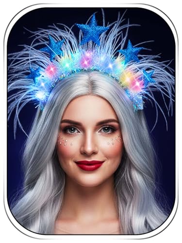 Woeoe Ligth Up Stars Headband Led Glowing Hair Bands Party Rave Costume Feather Hair Accessories for Women