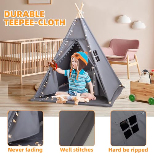 RONGFA Teepee Tent for Kids with Mat, Star Lights, Carry Case, Cotton Canvas Playhouse, Foldable Tents, Portable Children ...