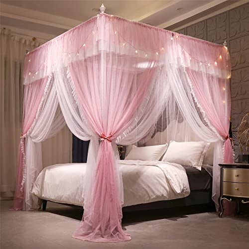 VETHIN 4 Corners Post Ruffle Princess Bed Canopy Curtain-Double Layer Cozy Drape Netting 4 Opening Mosquito Net for Girls ...