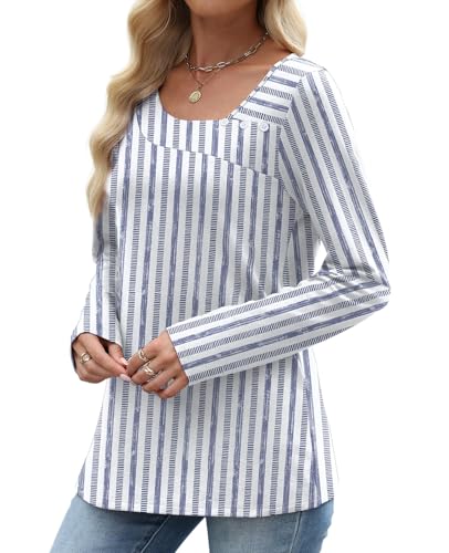 OFEEFAN Long Sleeve Shirts for Women Fall Clothes Asymmetric Square Neck Tunic Tops Decorative Buttons