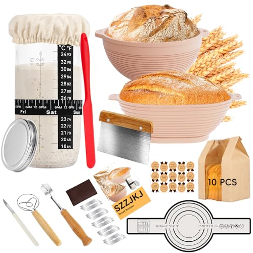 SZZJKJ Sourdough Starter Kit, 24PCS Sourdough Bread Baking Supplies, Silicone Banneton Bread Proofing Basket Set of 2 (pin...