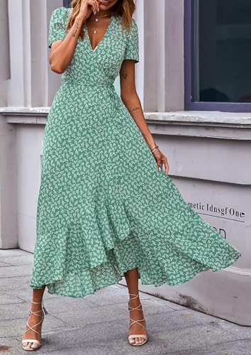 PRETTYGARDEN Women's Boho Floral Maxi Dress Summer Short Sleeve Wrap V Neck Long Flowy Beach Vacation Wedding Guest Dresses