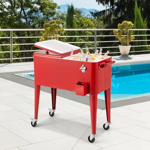 Goplus 80-Quart Rolling Ice Chest, Outdoor Cooler Cart with Wheels, Side Handles, Bottle Opener & Cap Catcher, Portable In...