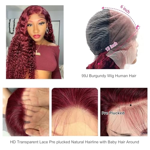 Burgundy Wig Human Hair 99j Burgundy 13x6 Deep Wave Lace Front Wigs Human Hair Pre Plucked HD Transparent Lace Frontal Wigs for Black Women Red Colored Wig 18 Inch