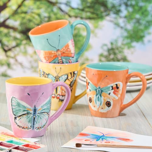 Butterflies Set of 4 Hand-Painted Ceramic Mugs – 16oz Coffee and Tea Cups with Bright Butterfly Designs in Yellow, Pink, O...