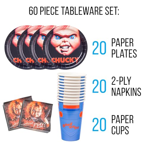 Silver Buffalo Chucky's Face Party Supplies Set, Party Pack Paper Plates Cups Napkins, 60-Pieces