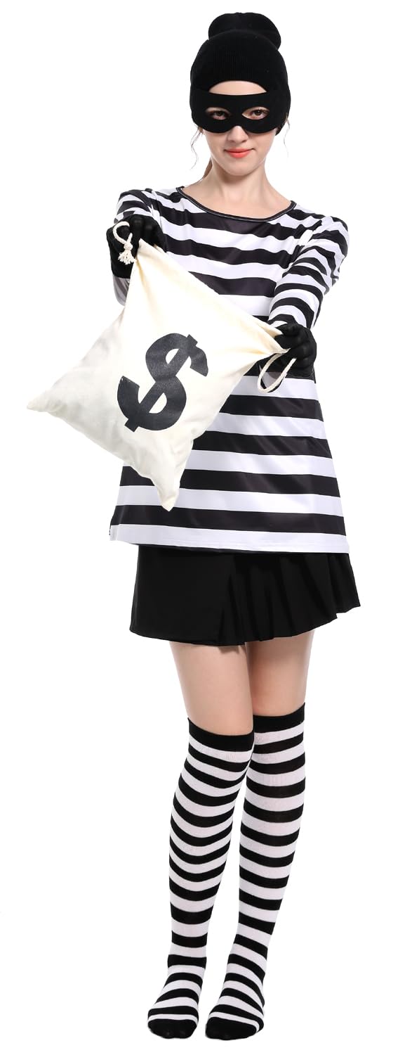 Adult Women's Robber Costume, Bank Robber Costume Thief Accessories for Halloween Costume(Women,X-Large)