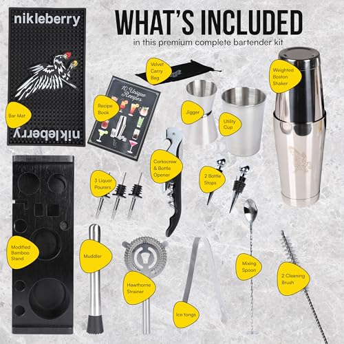 Nikleberry Premium 20 Piece Cocktail Shaker Set with Weighted Boston Shaker and Stand | Bartender Kit with Large Spill Cat...