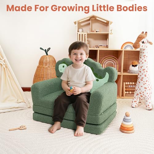 TinyPalsa Kids Couch, Convertible Sofa to Lounger Fold Out, Green Dinosaur Design Chair for Toddlers 1-3, Gift for Movie Night, Camping, and Napping