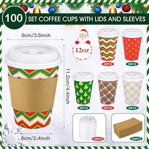 300 Pcs/100 Sets Christmas Coffee Cups with Lids and Sleeves 12 oz Disposable Christmas Paper Cups Party Drinking Cups for...