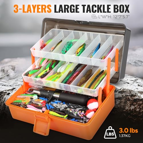 PLUSINNO Large 3 Layers Fishing Tackle Box with Tackle Included, 415Pcs Fishing Lures Kit Contains Pliers, Crankbait, Hook...
