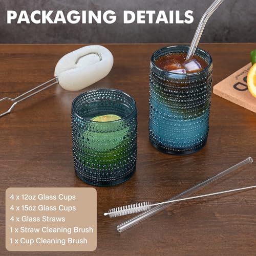 ZMOWIPDL Vintage Hobnail Drinking Glasses Set of 8,Blue 12 oz & 15oz Highball Glass Cups,Kitchen Drinkware Glassware,Embos...