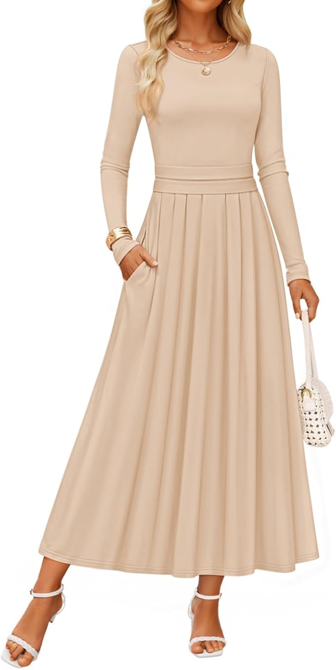 ZESICA Women's Elegant Long Sleeve Maxi Dress 2026 Fall Crewneck Knit High Wasit Pleated Flowy A Line Casual Party Dresses