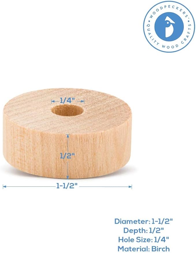 1-1/2-inch Diameter Slab Wooden Wheel for Craft, 1/4-inch Hole, 1/2-inch Thick, Pack of 24 Wooden Hobby Wheel for Model, by Woodpeckers