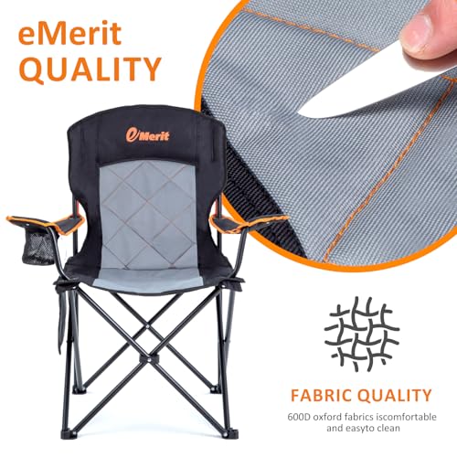 EMERIT Oversized Padded Camping Chair, 350LB Heavy Duty Quad Fold Chair with Arms, Collapsible Outdoor Chairs with Lumbar ...