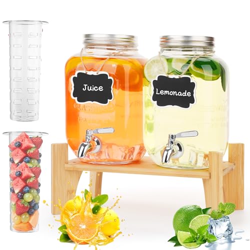 Set of 2 Glass Drink Dispensers for Parties, 1 Gallon Ice Beverage Dispensers with Stand, Juice Dispenser with Fruit Infus...