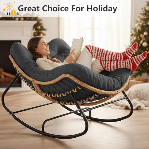 SWITTE Outdoor Rocking Chair, Oversized Patio Papasan Rocker, Comfy Wicker Reading Lounge, Indoor Egg Chair for Bedroom, L...