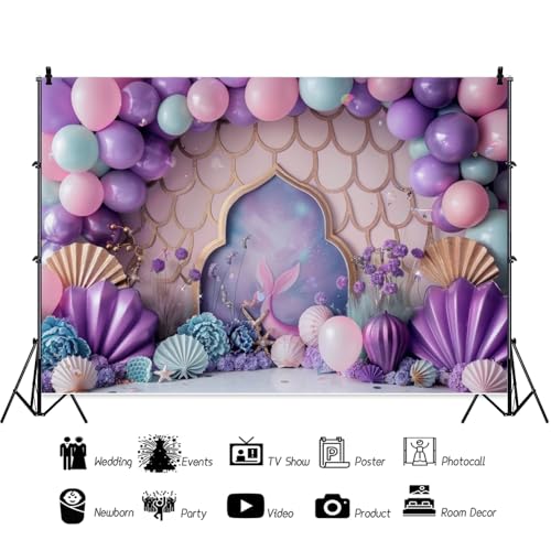ChloropLastid 7x5ft Ocean Mermaid Backdrop Purple Balloons Sea Shell Starfish Princess Girls Birthday Party Decorations Gi...