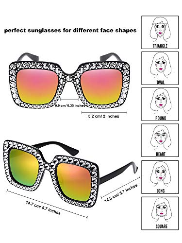 Frienda 6 Pairs Rhinestone Oversized Square Sunglasses 70s Women Dazzled Sunglasses for Disco Party Concert Photo Props