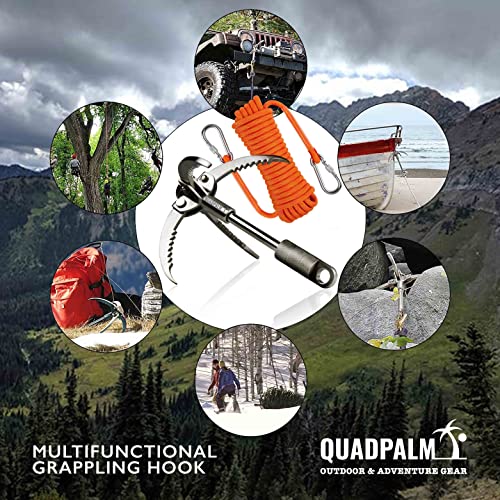 QUADPALM Grappling Hook and Rope 10M (32ft) - Multifunctional Heavy Duty Survival Hook - 4 Stainless Steel Folding Claws -...