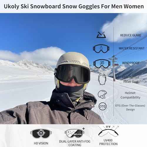 Ukoly Ski/Snowboard Goggles for Men Women, Snow Goggles HD Lens Anti-Fog Coating OTG Design UV400 Protection Windproof