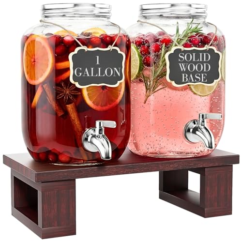 2Pack Large Drink Dispensers for Parties, Glass Beverage Dispenser with Solid Wood Stand, 1 Gallon Water Drink Dispenser w...