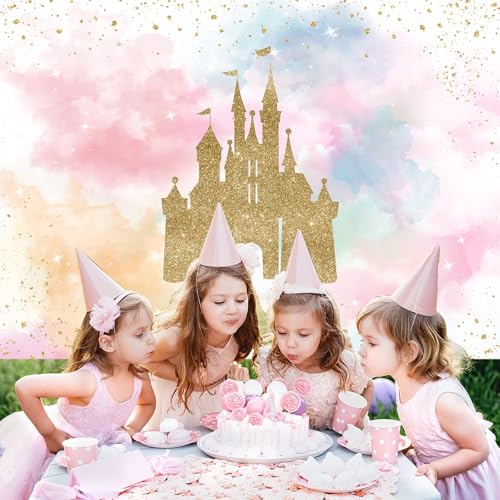 Mocsicka Princess Castle Birthday Backdrop Watercolor Pastel Rainbow Birthday Background Gold Glitter Royal Party Cake Tab...