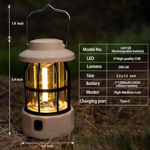 YIONGTAF Adjustable Waterproof Rechargeable Camping Lantern, Emergency Light, Fishing, Adventures, Power Outages, Black