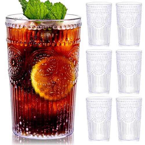 Ciaell 12 Pack Romantic Plastic Water Glasses - 14 Oz Clear Vintage Drinking Glasses, Embossed Ribbed Plastic Cups, Textur...