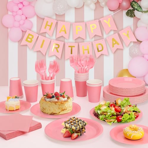 CENLBJ Pink Paper Plates and Napkins, Disposable Party Supplies, 50 of Each 9’’ Pink Plate, 7’’ Dessert Plates Napkins Cup...