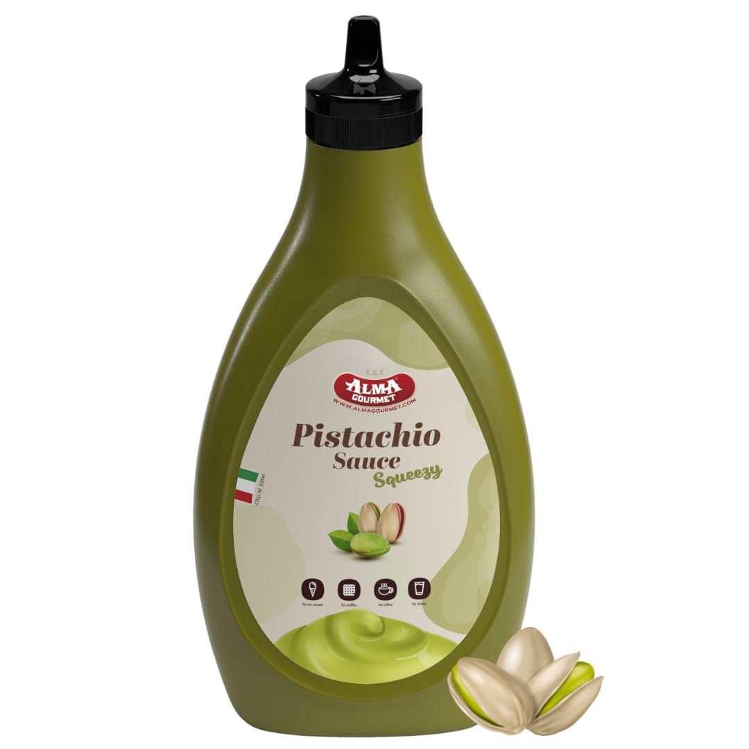Alma Gourmet Sicilian Pistachio Topping Sauce Imported From Italy | Premium Quality Pistachio Topping Ideal For Ice Cream, Waffles, Pancakes, Crepes, Pastries, Cakes, Overnight Oats, Lattes | 17.6oz (500g) (Pack of 1)