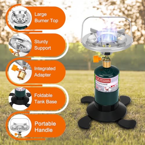 Camping Stove Propane Burner, Portable Camp Stove with Foldable Gas Tank Base, Adjustable Flame Backpacking Cooker for Cam...